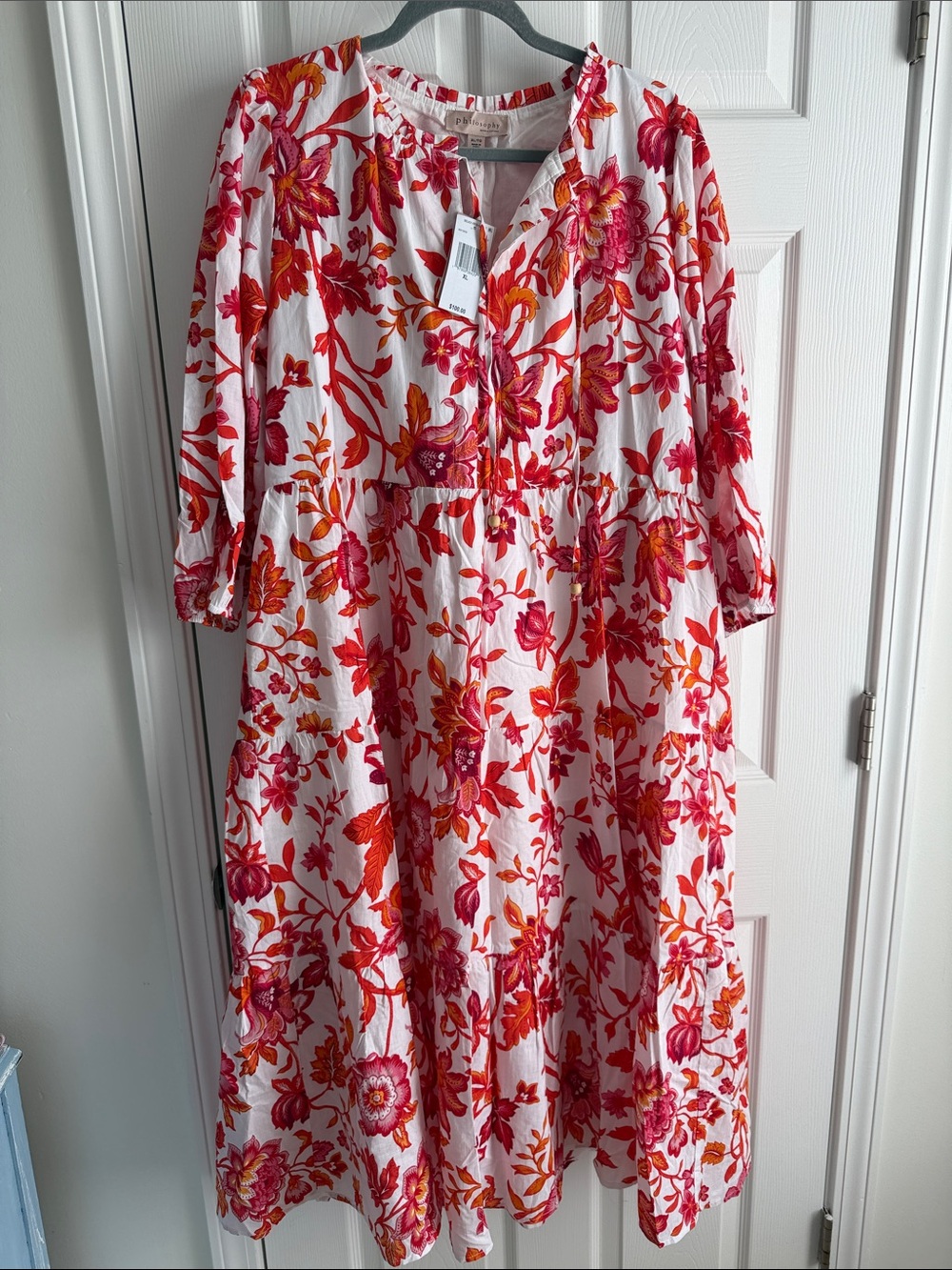 Philosophy White Midi Dress with Pink & Orange Floral Print